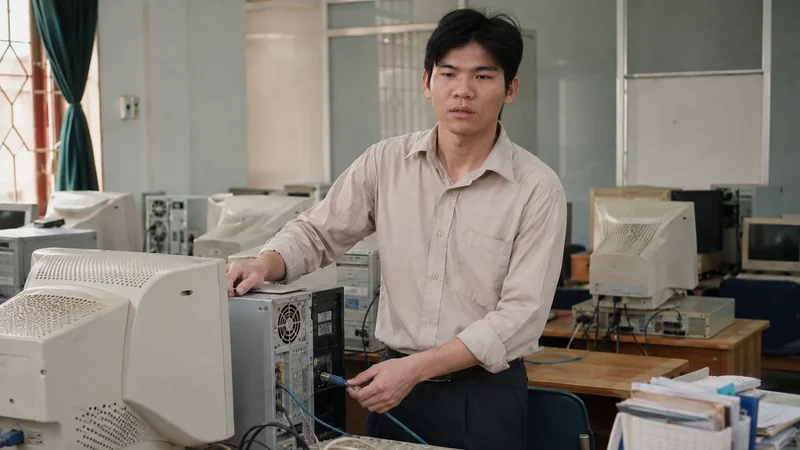 Lý Quốc Tân làm nghề IT support tại trung tâm anh ngữ với hệ thống máy tính CRT