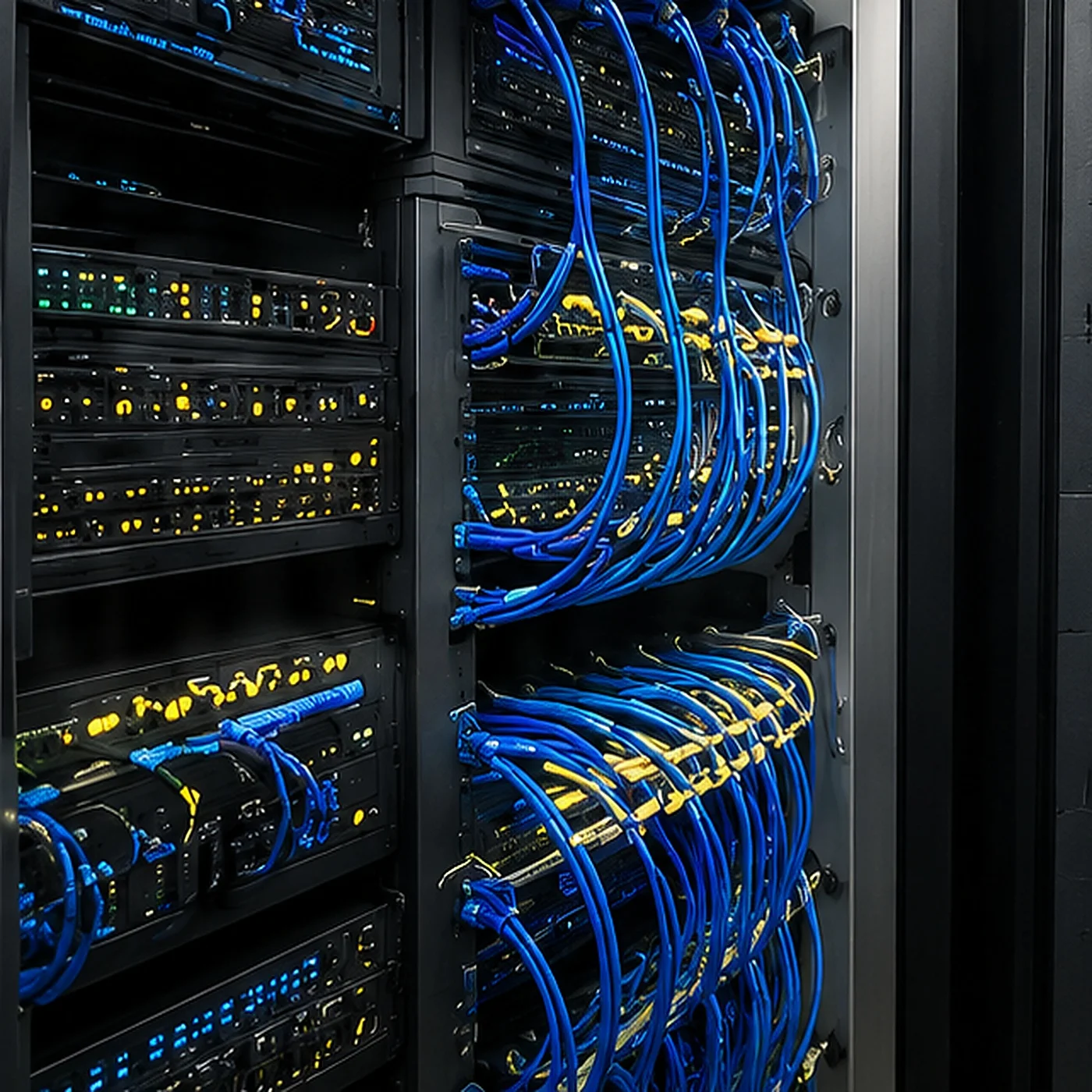 Tủ rack hệ thống mạng và server với cáp mạng chuyên dụng
