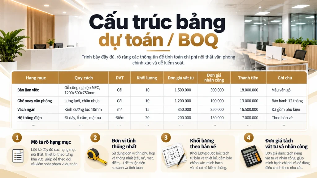 Cấu trúc bảng dự toán nội thất văn phòng BOQ gồm khối lượng và đơn giá